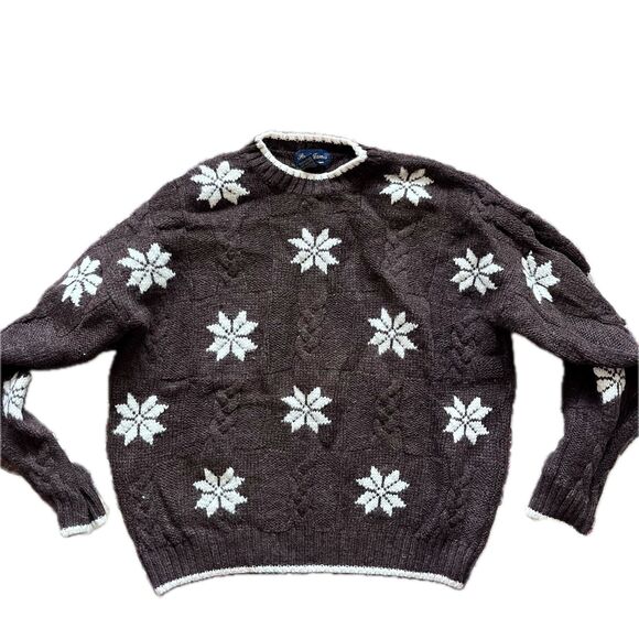 Vintage Paul James Brown White 100% Wool Cable Knit Men's Sweater Size L - Picture 1 of 5